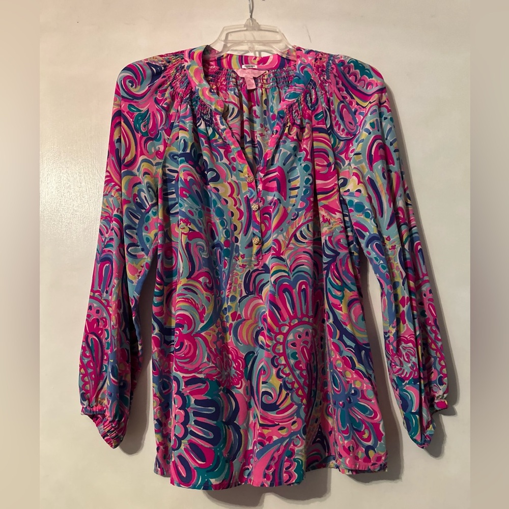 Lilly Pulitzer Pink and Blue Graphic Blouse with Mandarin Collar